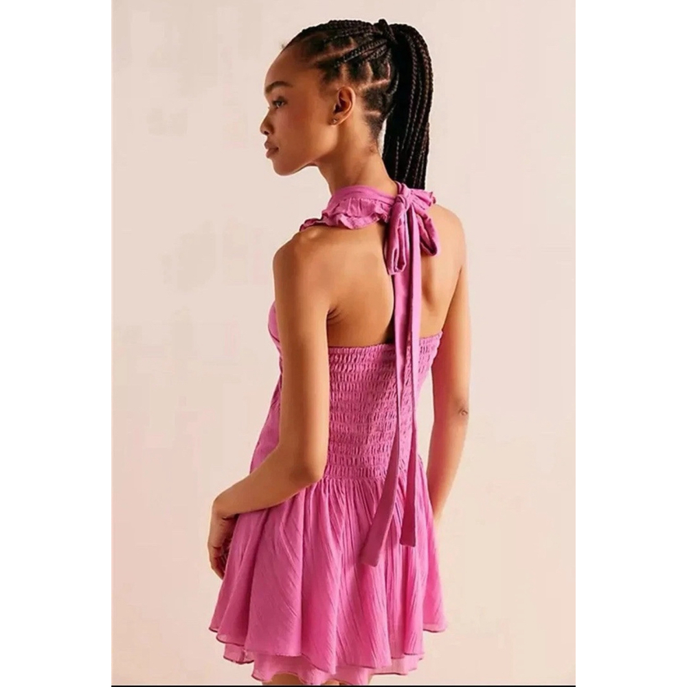 Free People Sleeveless Halter Backless Ruffle Bodycon Mini Party Dress Pink SzXL - Picture 2 of 11